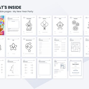 May include: A digital collection titled WHAT'S INSIDE 20 printable pages My New Year Party, featuring twenty black and white activity sheets for children. The set includes coloring pages of a puppy, balloons, clock, fireworks, party horn, cake, star, and moon.