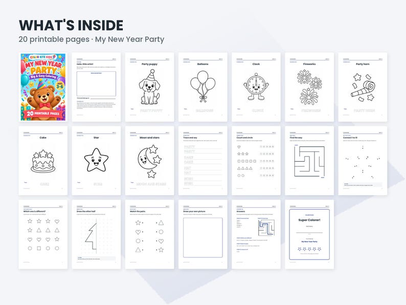 May include: A digital collection titled WHAT'S INSIDE 20 printable pages My New Year Party, featuring twenty black and white activity sheets for children. The set includes coloring pages of a puppy, balloons, clock, fireworks, party horn, cake, star, and moon.