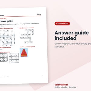 May include: A white activity book page titled Answer guide with black text and graphics. It features a word hunt, a crossword puzzle, a connect-the-dots boot, number grids, and a pixelated bishop's hat. The page includes the text ColorKiteKids.
