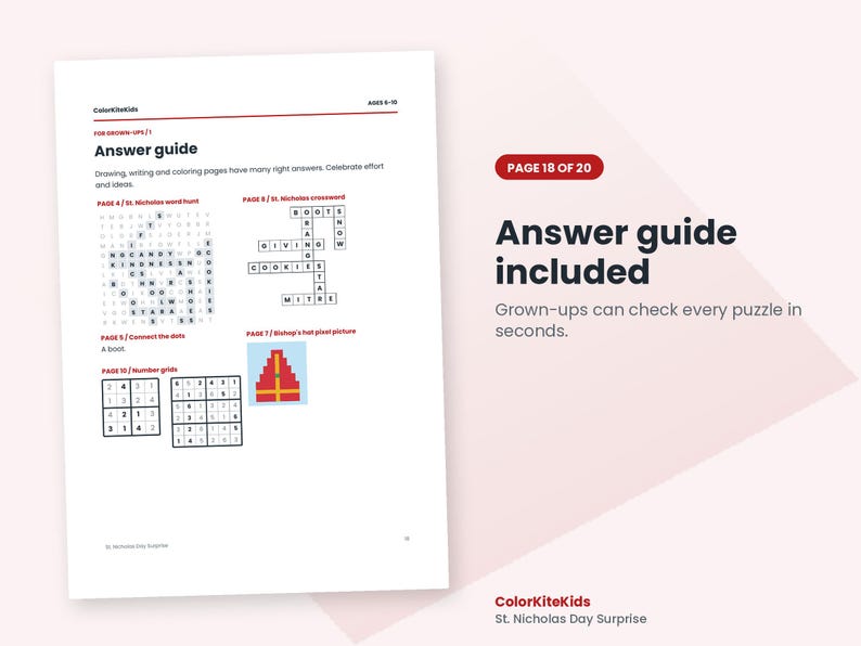 May include: A white activity book page titled Answer guide with black text and graphics. It features a word hunt, a crossword puzzle, a connect-the-dots boot, number grids, and a pixelated bishop's hat. The page includes the text ColorKiteKids.