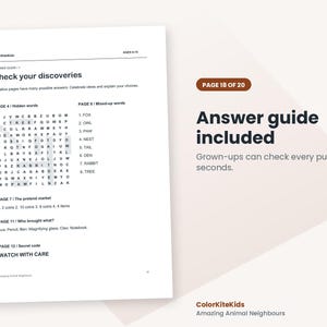 May include: A white document titled Answer guide with the heading Check your discoveries. It contains a word search puzzle, lists of answers for pages 4, 7, 8, 11, and 12, and the text Page 18 of 20, Answer guide included, and ColorKiteKids.