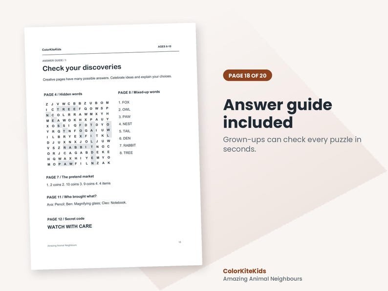 May include: A white document titled Answer guide with the heading Check your discoveries. It contains a word search puzzle, lists of answers for pages 4, 7, 8, 11, and 12, and the text Page 18 of 20, Answer guide included, and ColorKiteKids.