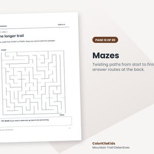 May include: A white activity sheet titled The longer trail with a black line maze, instructions to draw a path from START to FINISH, and a tip to go back to the last turning. The page is labelled ColorKiteKids, AGES 8-10, and Mountain Trail Detectives.