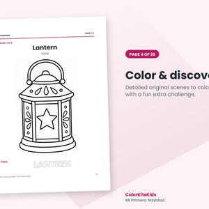 May include: A coloring page featuring a black and white line drawing of a lantern with a star cutout. The page includes the text Lantern, Farol, and a dotted word Lantern for tracing, along with the header Color & discover, Page 4 of 20.