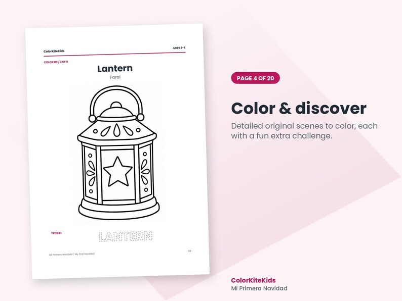 May include: A coloring page featuring a black and white line drawing of a lantern with a star cutout. The page includes the text Lantern, Farol, and a dotted word Lantern for tracing, along with the header Color & discover, Page 4 of 20.