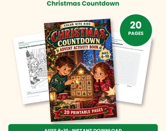 Peut inclure: Un livre d'activités de l'Avent ColorKiteKids Christmas Countdown avec 20 pages imprimables pour les 6-10 ans. La couverture montre deux enfants avec un calendrier de l'Avent, un chat et des décorations. Formats A4 et US Letter.