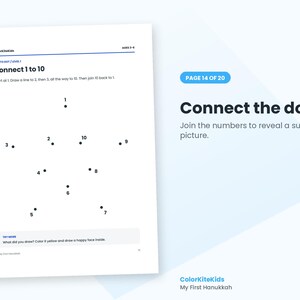 May include: A white activity sheet titled Connect 1 to 10 featuring black dots numbered 1 through 10 arranged in a star shape. The page includes instructions to join the numbers, a prompt to color the result yellow, and the text ColorKiteKids.
