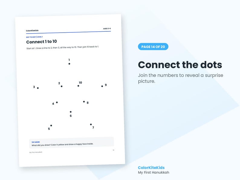 May include: A white activity sheet titled Connect 1 to 10 featuring black dots numbered 1 through 10 arranged in a star shape. The page includes instructions to join the numbers, a prompt to color the result yellow, and the text ColorKiteKids.