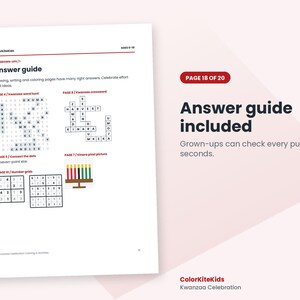 以下が含まれることがあります： Answer guideというタイトルの白いドキュメントページ。黒いテキストとグラフィックが記載されています。クワンザのワードハント、クロスワード、点つなぎの星、キナラのピクセル画像、数字のグリッドが表示されています。ColorKiteKidsというテキストが含まれています。