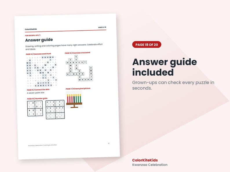以下が含まれることがあります： Answer guideというタイトルの白いドキュメントページ。黒いテキストとグラフィックが記載されています。クワンザのワードハント、クロスワード、点つなぎの星、キナラのピクセル画像、数字のグリッドが表示されています。ColorKiteKidsというテキストが含まれています。