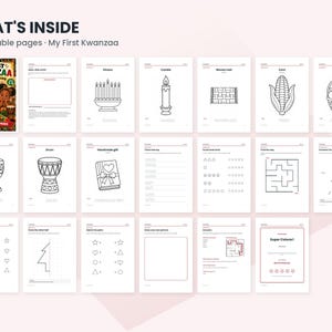 May include: A collection of 20 printable coloring pages titled My First Kwanzaa, featuring black and white line art illustrations of a kinara, candle, mkeka mat, corn, fruit basket, unity cup, drum, handmade gift, shapes, mazes, and drawing activities.