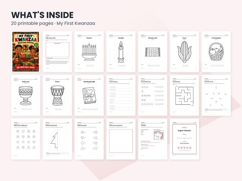 May include: A collection of 20 printable coloring pages titled My First Kwanzaa, featuring black and white line art illustrations of a kinara, candle, mkeka mat, corn, fruit basket, unity cup, drum, handmade gift, shapes, mazes, and drawing activities.