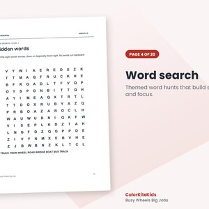 May include: A white activity sheet titled Hidden words with a grid of letters for a word search puzzle. Below the grid, the text lists TRUCK, TRAIN, WHEEL, ROAD, BRIDGE, BOAT, BUS, and TRACK. The page is labeled Page 4 of 20 and ColorKiteKids.