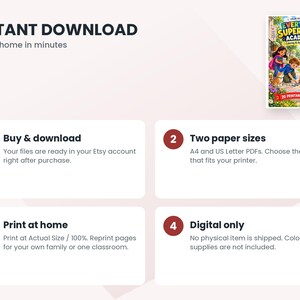 May include: A digital coloring and activity book titled Everyday Superhero Academy featuring a cover illustration of children in superhero capes. The graphic includes four numbered steps explaining the instant download process for A4 and US Letter PDF files.