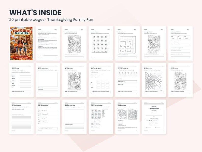 May include: A digital activity book titled Thanksgiving Family Fun featuring 20 printable pages. The collection includes black and white worksheets with word searches, mazes, coloring illustrations, and writing prompts for holiday-themed tasks.
