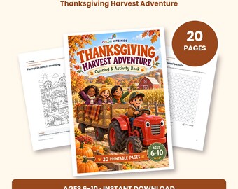 Peut inclure: Un livre de coloriage et d'activités Thanksgiving Harvest Adventure pour les 6-10 ans avec 20 pages imprimables. La couverture montre quatre enfants dans une remorque tirée par un tracteur rouge dans un champ de citrouilles avec une grange.