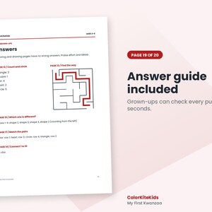 May include: A white activity book page titled Answers for ages 3-6, featuring text lists for pages 12, 13, 15, 17, and 14. It includes a black line maze with a red path solution and the text Answer guide included, Page 19 of 20, and ColorKiteKids.