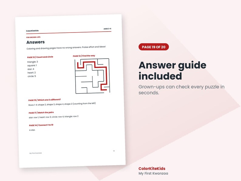 May include: A white activity book page titled Answers for ages 3-6, featuring text lists for pages 12, 13, 15, 17, and 14. It includes a black line maze with a red path solution and the text Answer guide included, Page 19 of 20, and ColorKiteKids.