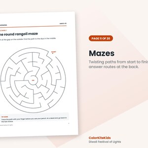 May include: A printable activity sheet titled The round rangoli maze with a circular maze design, start and end points, and instructions. The page includes the text ColorKiteKids, ages 6-10, and Diwali Festival of Lights at the bottom.