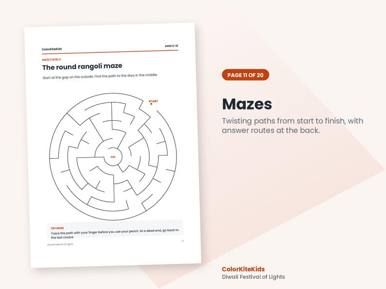 May include: A printable activity sheet titled The round rangoli maze with a circular maze design, start and end points, and instructions. The page includes the text ColorKiteKids, ages 6-10, and Diwali Festival of Lights at the bottom.