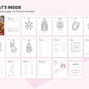 May include: A digital collection titled What's Inside 20 printable pages Mi Primera Navidad featuring twenty black and white activity sheets. The pages include coloring illustrations of a pi&ntilde;ata, lantern, poinsettia, tamal, star, bell, donkey, and candle.