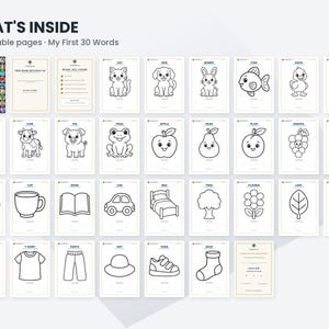 May include: A digital collection of 34 printable coloring pages titled My First 30 Words. The set includes a cover page, a book ownership page, a color guide, and 30 individual pages featuring black and white line art of animals, food, and objects.
