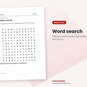 May include: A white activity sheet titled Hidden words with a grid of letters for a word search puzzle. Below the grid, the words SNOW, TREE, GIFT, STAR, COOKIE, ELF, REINDEER, and BELL are listed. The page includes the text ColorKiteKids and AGES 8-10.