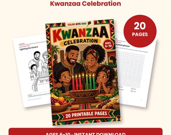 Peut inclure: Un livre de coloriage Kwanzaa Celebration pour les 6-10 ans avec 20 pages imprimables. La couverture montre une famille autour d'un kinara avec des bougies allumées, des fruits et du maïs. Inclut des pages intérieures avec un coloriage de kinara.