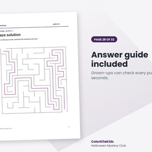 May include: A white activity page titled Maze solution with the text ColorKiteKids, AGES 6-10, and Halloween Mystery Club. The page features a black-lined maze with a purple path showing the solution, plus the text Answer guide included.