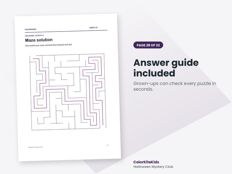 May include: A white activity page titled Maze solution with the text ColorKiteKids, AGES 6-10, and Halloween Mystery Club. The page features a black-lined maze with a purple path showing the solution, plus the text Answer guide included.