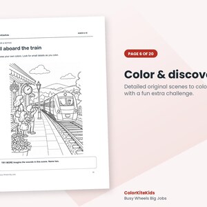 May include: A black and white coloring page titled All aboard the train featuring a train arriving at a station platform with people waiting. The page includes the text Color & discover, Page 6 of 20, and a prompt to imagine sounds.