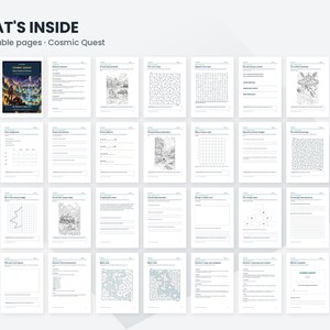 May include: A collection of 28 printable pages titled Cosmic Quest, featuring a variety of black and white activity sheets including mazes, word searches, drawing prompts, and writing exercises arranged in a grid layout on a white background.