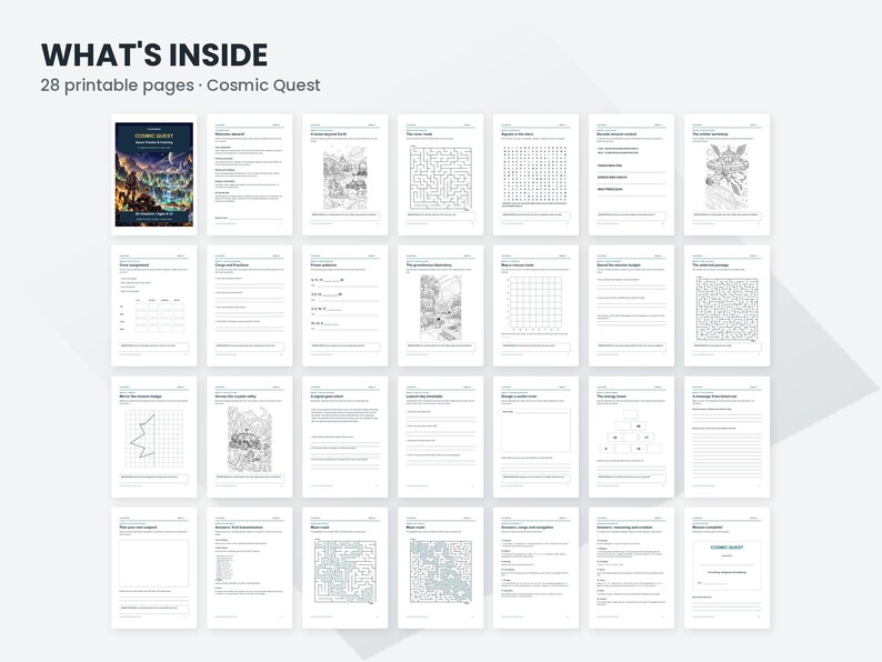 May include: A collection of 28 printable pages titled Cosmic Quest, featuring a variety of black and white activity sheets including mazes, word searches, drawing prompts, and writing exercises arranged in a grid layout on a white background.