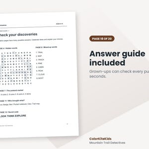 May include: A white document titled ColorKiteKids Answer guide with black text. It lists solutions for puzzles on pages 4, 7, 8, 11, and 12, including a word search grid and text answers. The right side features a brown badge stating Page 18 of 20.