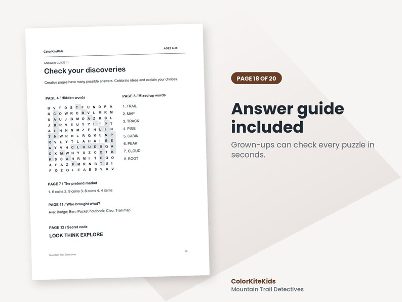May include: A white document titled ColorKiteKids Answer guide with black text. It lists solutions for puzzles on pages 4, 7, 8, 11, and 12, including a word search grid and text answers. The right side features a brown badge stating Page 18 of 20.