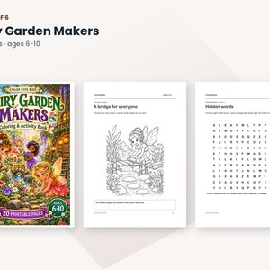 May include: A colouring and activity book titled Fairy Garden Makers with 20 printable pages for ages 6-10. The cover features colourful illustrations of fairies in a garden, while interior pages show a black and white fairy scene and a word search.