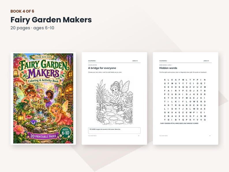 May include: A colouring and activity book titled Fairy Garden Makers with 20 printable pages for ages 6-10. The cover features colourful illustrations of fairies in a garden, while interior pages show a black and white fairy scene and a word search.
