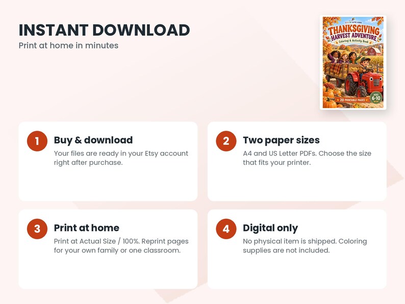 May include: A digital Thanksgiving Harvest Adventure coloring and activity book cover featuring children in a tractor-pulled wagon in a field. The graphic includes text detailing a four-step process for buying, downloading, and printing A4 or US Letter PDFs.