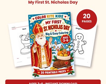 Peut inclure: Un livre de coloriage numérique intitulé My First St. Nicholas Day par ColorKiteKids avec 20 pages imprimables pour les 3-6 ans. La couverture montre Saint Nicolas en robe rouge avec un bâton, une botte remplie de friandises et un village enneigé.