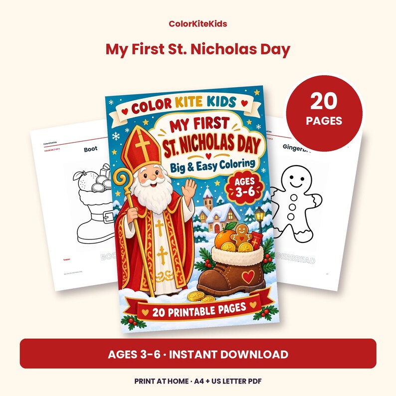 May include: A digital coloring book titled My First St. Nicholas Day by ColorKiteKids featuring 20 printable pages for ages 3-6. The cover shows Saint Nicholas in red robes with a staff, a boot filled with treats, and a snowy village scene.