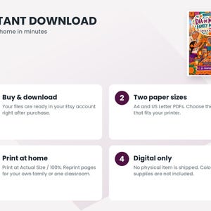 May include: A digital coloring and activity book titled D&iacute;a de Muertos Family Memories featuring an illustration of a family altar with candles and marigolds. The graphic includes four numbered steps for downloading and printing at home.