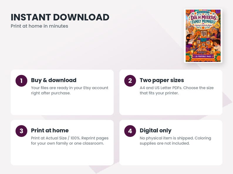 May include: A digital coloring and activity book titled D&iacute;a de Muertos Family Memories featuring an illustration of a family altar with candles and marigolds. The graphic includes four numbered steps for downloading and printing at home.