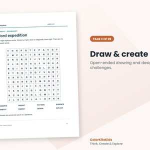 May include: A white activity sheet titled Word expedition with a grid of letters for a word search puzzle. Below the grid are eight words to find: OBSERVE, PREDICT, PATTERN, EVIDENCE, HABITAT, ENERGY, DESIGN, and EXPLAIN. The text Draw & create appears.