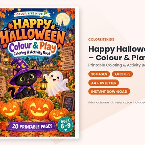 May include: A Happy Halloween Colour & Play coloring and activity book featuring a black cat in a purple wizard hat and a white ghost among pumpkins. The cover displays the text Happy Halloween Colour & Play, 20 Printable Pages, and Ages 6-9.