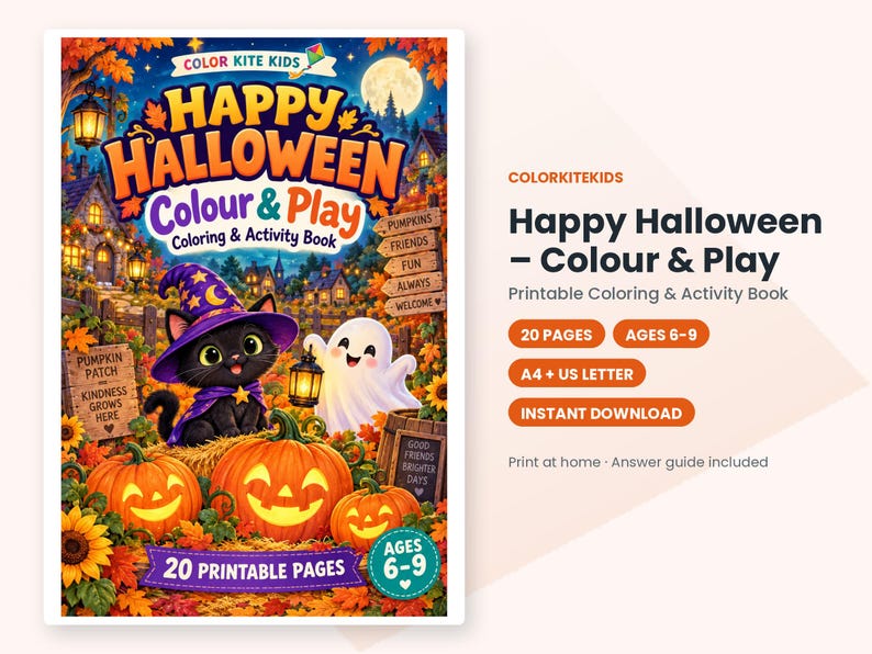 May include: A Happy Halloween Colour & Play coloring and activity book featuring a black cat in a purple wizard hat and a white ghost among pumpkins. The cover displays the text Happy Halloween Colour & Play, 20 Printable Pages, and Ages 6-9.