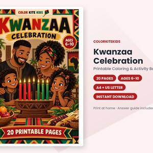 以下が含まれることがあります： 6歳から10歳向けのKwanzaa Celebration塗り絵・アクティビティブック。表紙には、7本の火が灯ったキャンドル、果物、トウモロコシが置かれたキナラの周りに集まる家族が描かれています。テキスト：Kwanzaa Celebration、20 Printable Pages、A4 + US Letter。