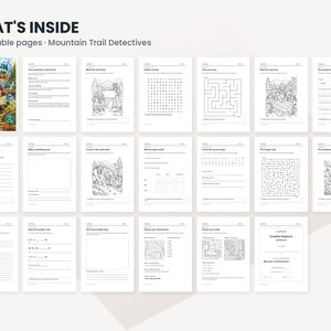May include: A digital collection of 20 printable activity pages titled Mountain Trail Detectives, featuring black and white worksheets, colouring pages, mazes, word searches, and logic puzzles for children, displayed in a grid layout.