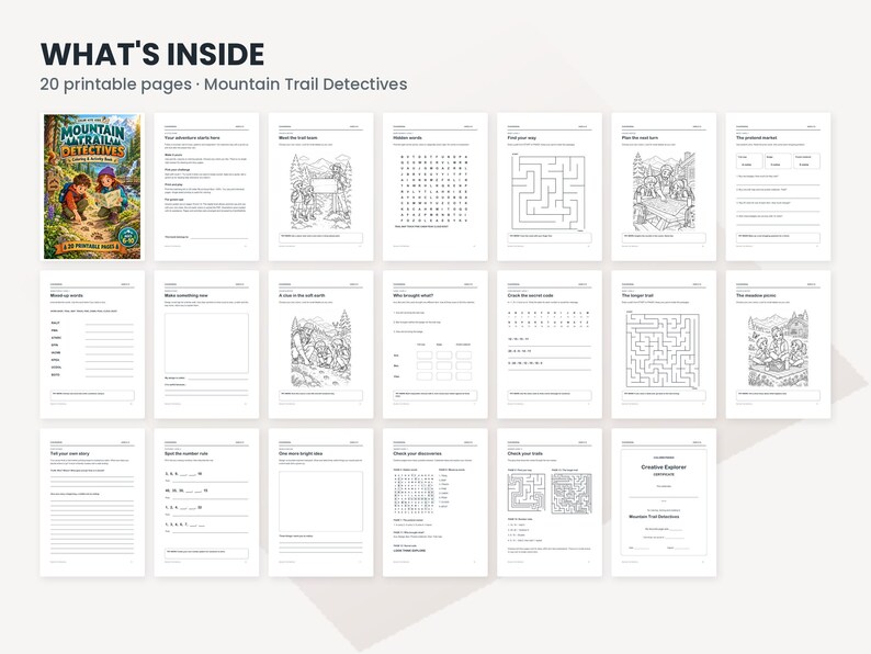 May include: A digital collection of 20 printable activity pages titled Mountain Trail Detectives, featuring black and white worksheets, colouring pages, mazes, word searches, and logic puzzles for children, displayed in a grid layout.