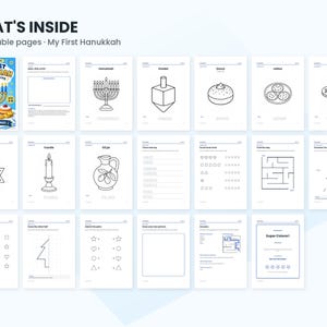 May include: A digital collection titled What's Inside My First Hanukkah featuring 20 printable coloring pages. The set includes black and white line art illustrations of a menorah, dreidel, sufganiyot, latkes, gelt, a star, and a candle.