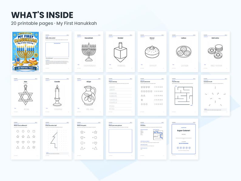 May include: A digital collection titled What's Inside My First Hanukkah featuring 20 printable coloring pages. The set includes black and white line art illustrations of a menorah, dreidel, sufganiyot, latkes, gelt, a star, and a candle.